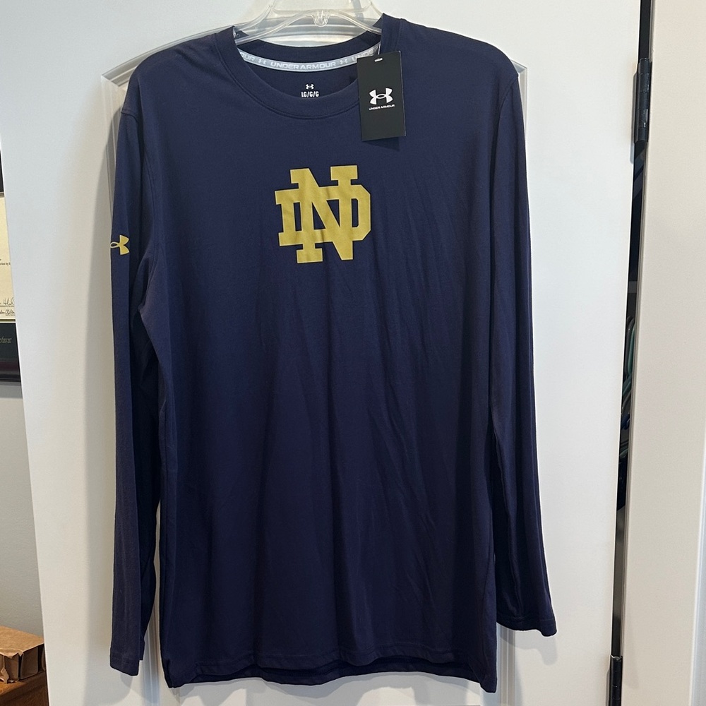 Under Armour Men's Navy and Gold Notre Dame Long Sleeve Tee- large